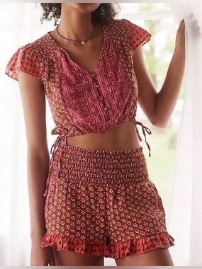 Anthropologie Boho Floral Crop Top and Smocked Waist Ruffle Shorts Set Sz M